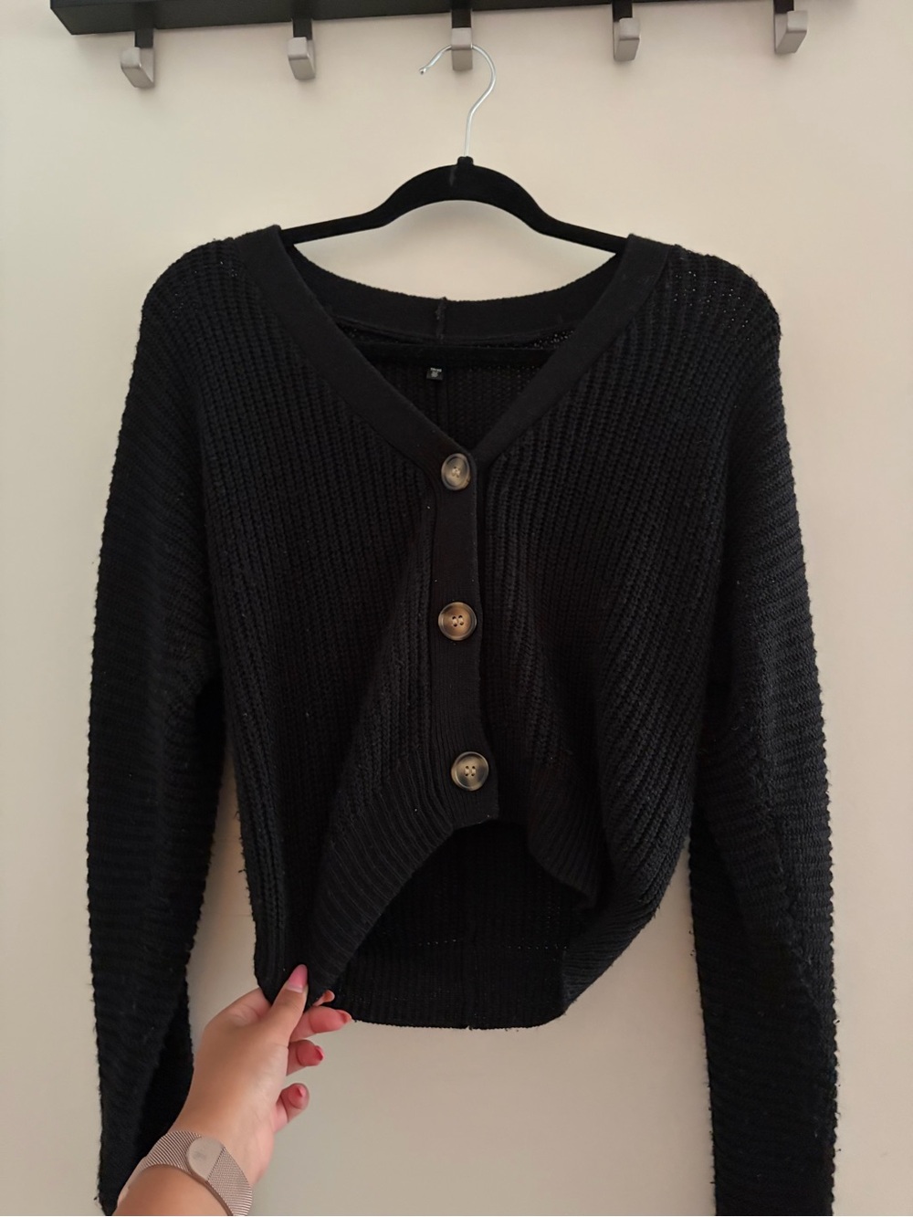 Black Button-Front Cropped Knit Sweater - Women